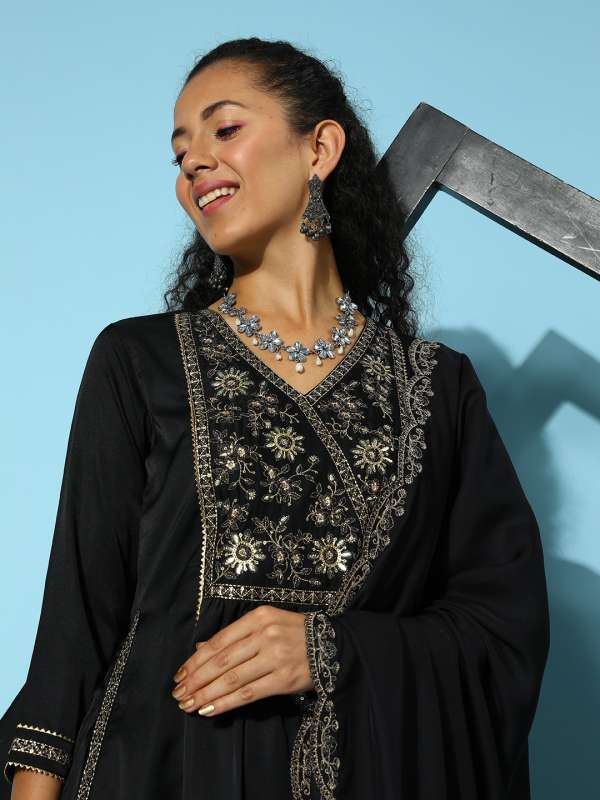 Sangria Flared Kurtas Sets Black Embroidered Yoke Buy Sangria
