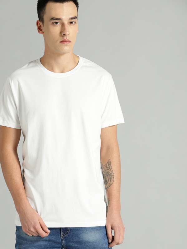 HM Men White Solid Cotton Pure Cotton T-shirt Regular Fit