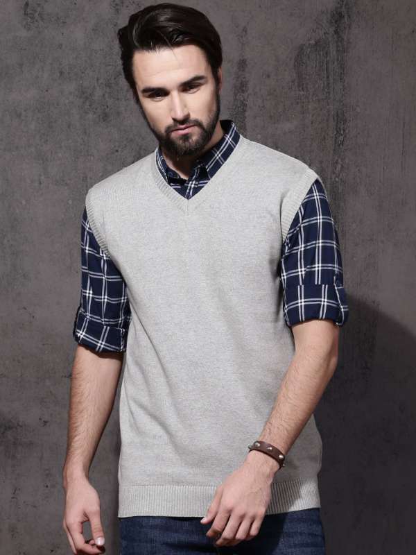 Buy Men Beige Solid V Neck Sleeveless Sweater Online in India