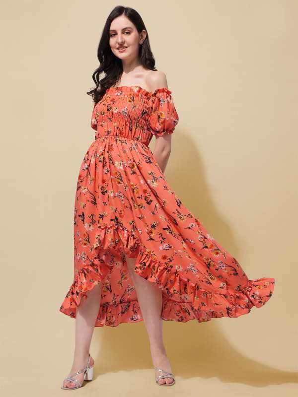 Orange floral off the shoulder dress hotsell