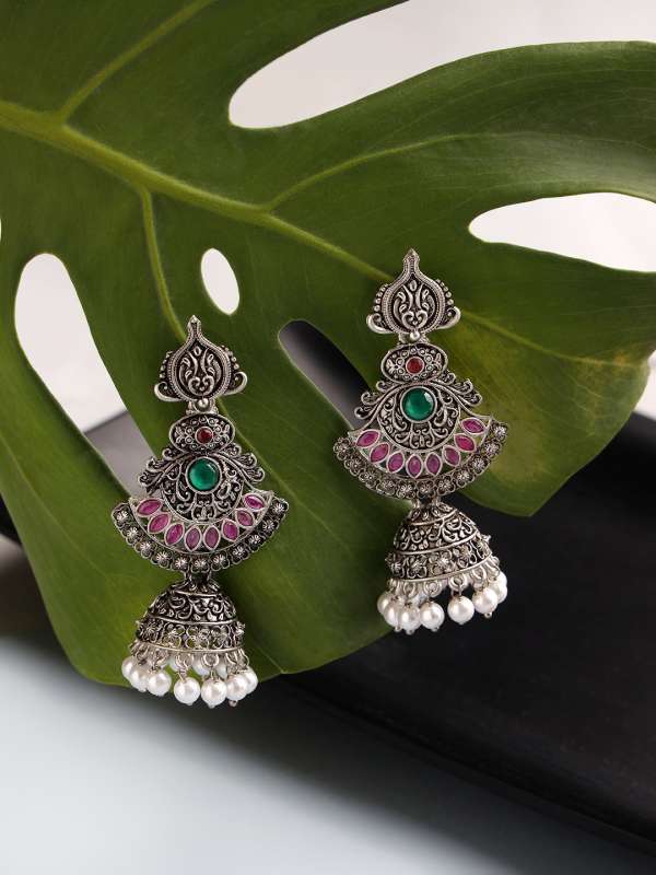 Elegant Silver Finish Dark Pink Stone Dangler Earrings  Abdesignsjewellery