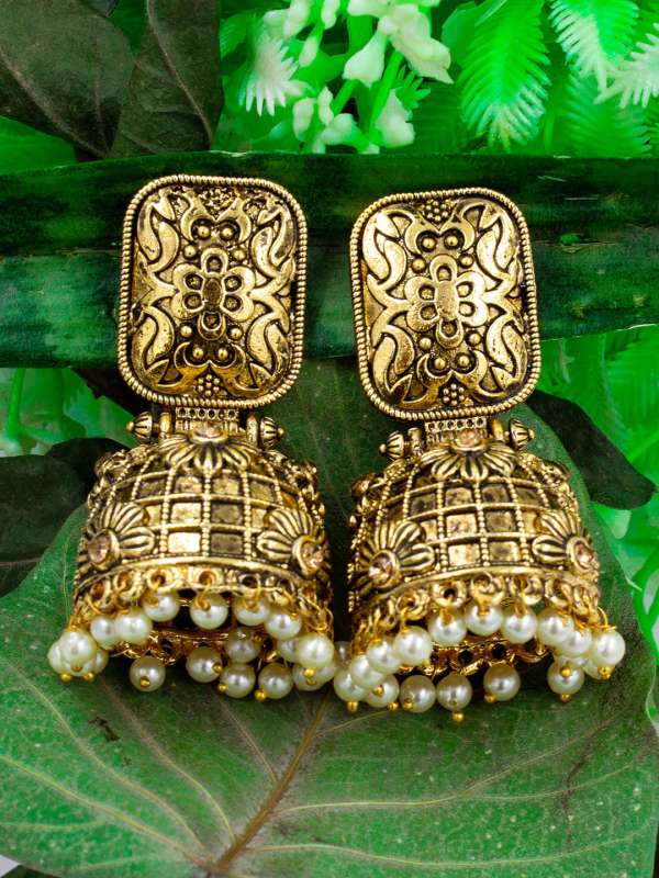Gold Jhumka Earrings with Pearls and Crystals  Malhar Jhumkas by Blingvine