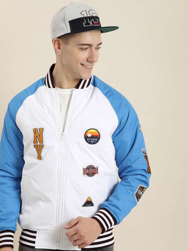 Off-White Eagle Blue and Green Varsity Jacket with Leather Sleeves - Jackets  Masters