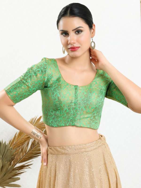 SALWAR STUDIO Women Green & Gold-Coloured Woven Design Padded Saree Blouse  - Absolutely Desi