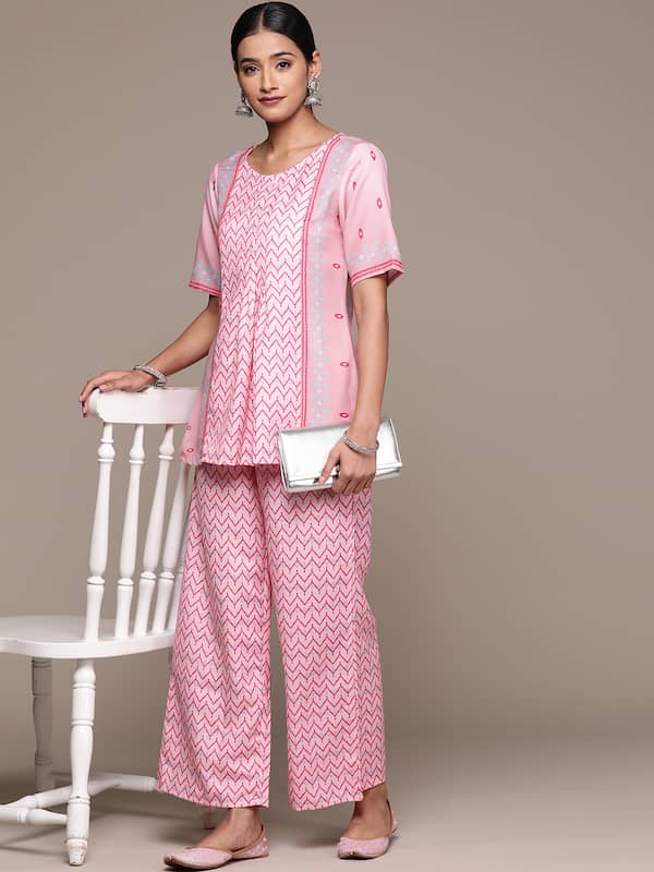Ziyaa Women's Pink Rayon Flared Crop Top And Palazzo Set