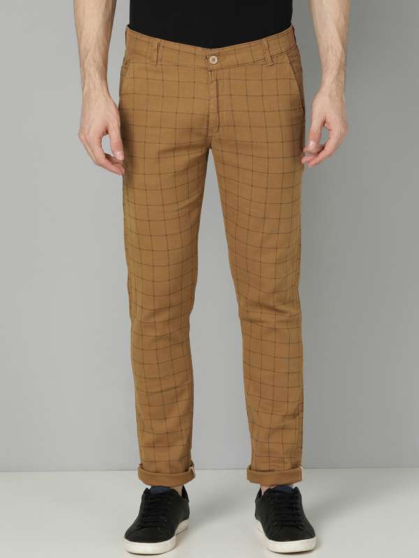 Mens Brown Cotton Checked Formal Trousers
