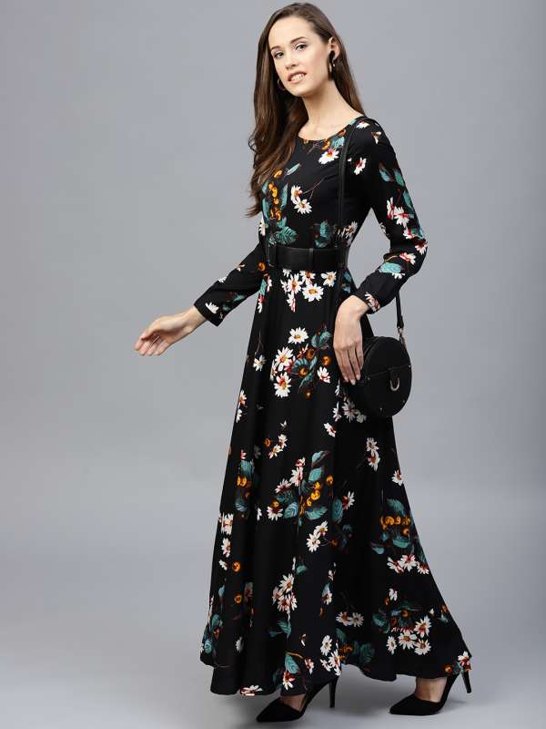 Buy JWF Black Cotton Full Sleeve Anarkali Printed Casual Gown online   Looksgudin