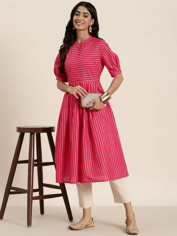 HighRisk Red Long Pleated Kurti with Zari Embroidery on Neck  Exotic  India Art