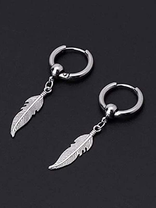 Buy M Men Style Trendy Jewelery Long Feather Leaf Link Chain Black  Stainless Steel Dangle Surgical Hoop Earrings For Unisex Online  Get 64  Off