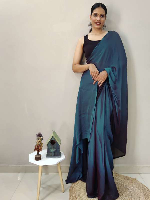Peacock Blue Ready To Wear Saree With Ready Made Blouse