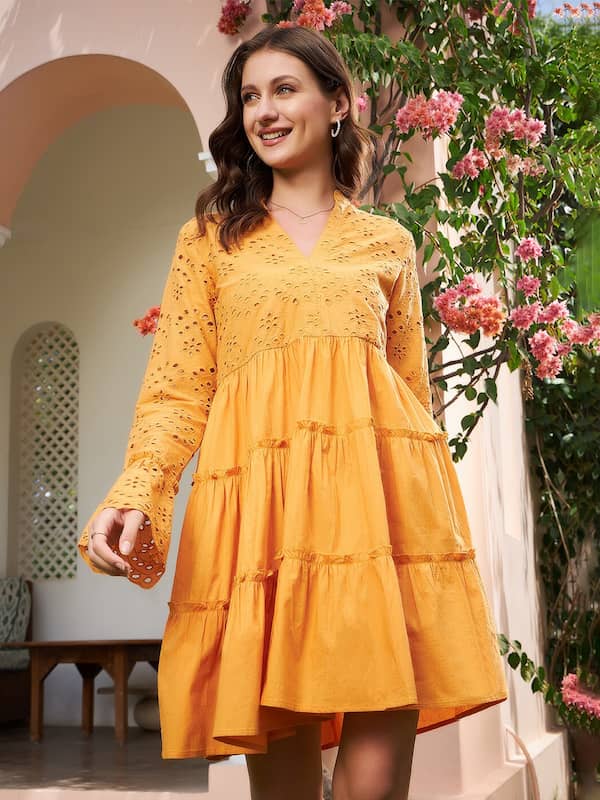 Mustard yellow color ikat printed chinese collar dress with placket op   Nayo Clothing