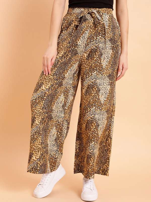 Wide Leg Side Split High Waist Trousers in Beige Leopard Print by likemary