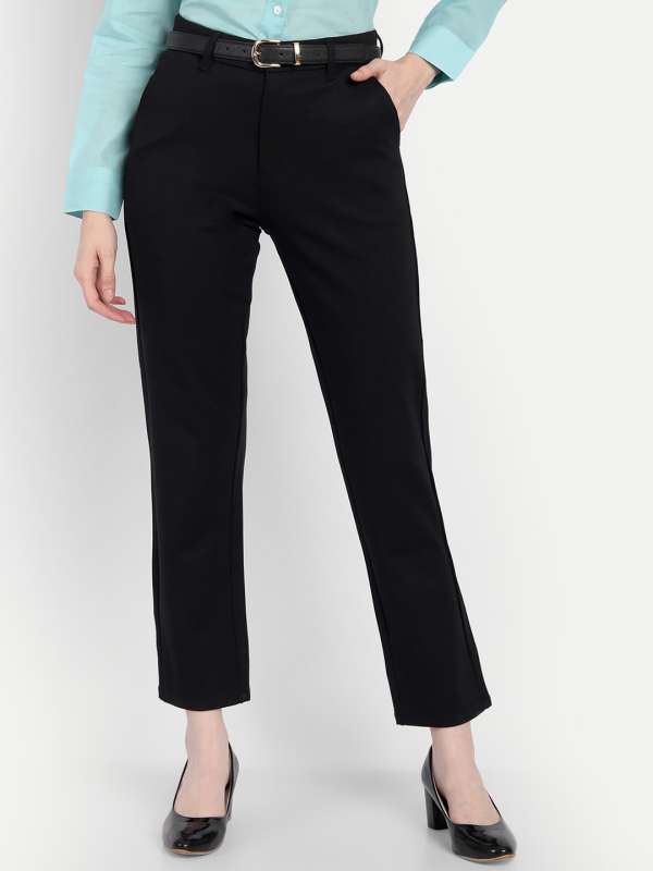 Buy Women Black Belted High Waist Straight Fit Trousers  Trends Online  India  FabAlley