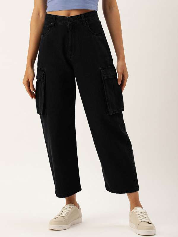 Stylish Black Cotton Zip Cargo Jeans For Women - Daraz India