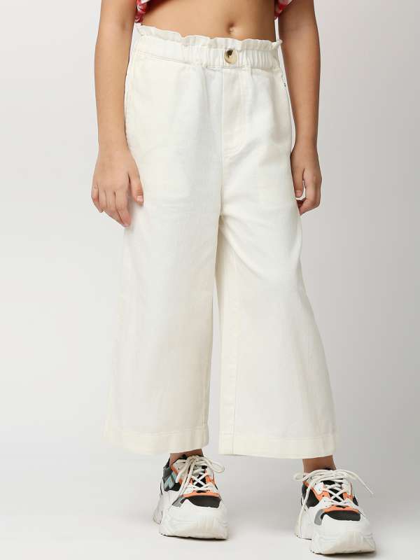 White Polka dots Print Cotton Trouser Pants for Girls