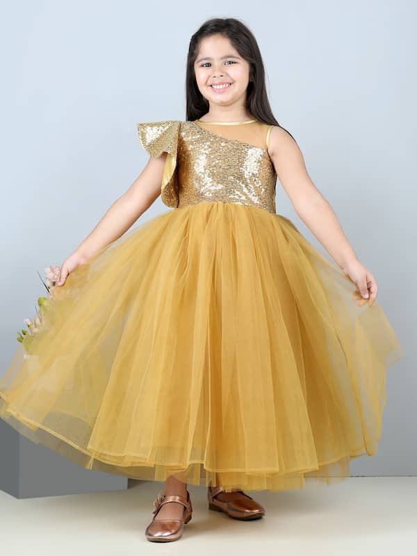 Georgette Party Wear Yellow Colours Golden Combination Dress For Girls