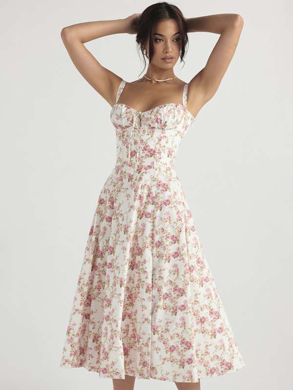 White and pink floral printed Frock  Giraffyin