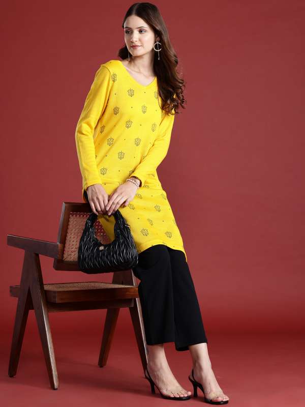 Yellow Women Winter Wear Kurtas Buy Yellow Women Winter Wear