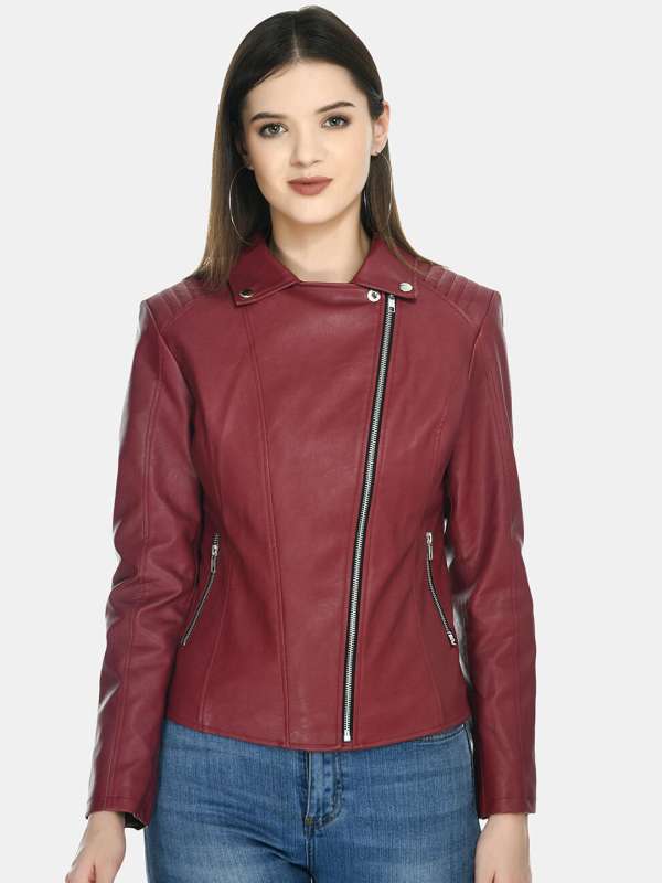 Maroon leather cheap jacket womens
