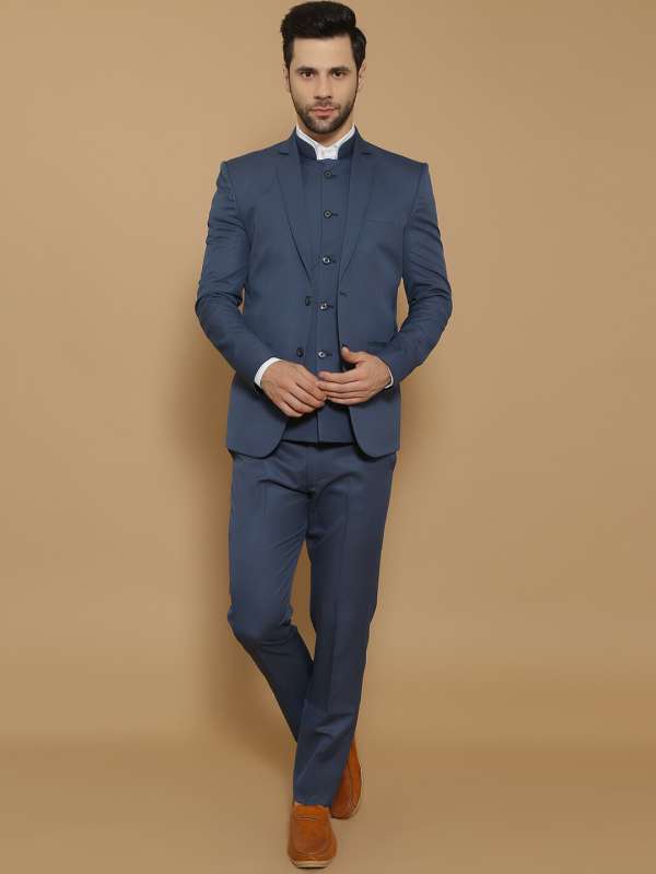 Buy Men Navy Slim Fit Solid Formal Three Piece Suit Online
