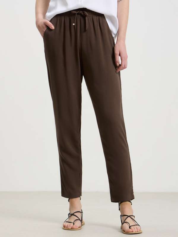 Women Solid Light Brown Mid Rise Linen Pencil Pants