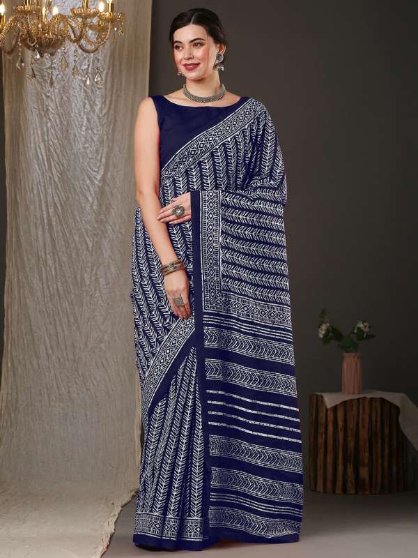Batik Printed Cotton Silk Saree in Navy Blue : SSF19927