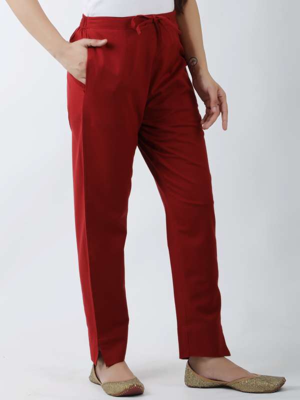 Buy Maroon Cotton Ankle Length Casual Pant for Women Online at