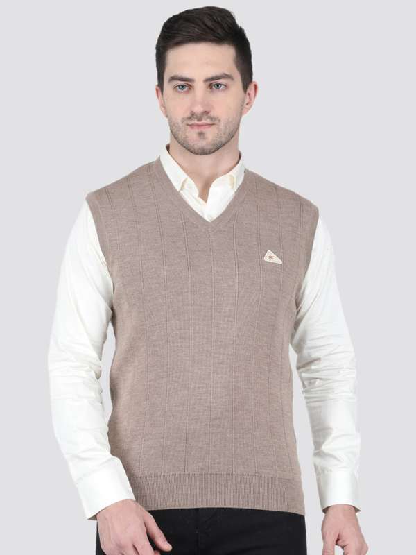 Buy Golden Self Design V Neck Sweater Online in India - Monte Carlo