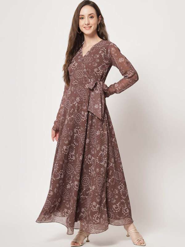 Buy BROWN LACY DOUBLE SLIT MAXI DRESS for Women Online in India