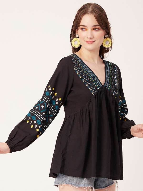 Buy Moomaya Women's Printed Surplice Neckline Top, Long Sleeves Designer Cotton  Tops Online at Best Prices in India - JioMart.