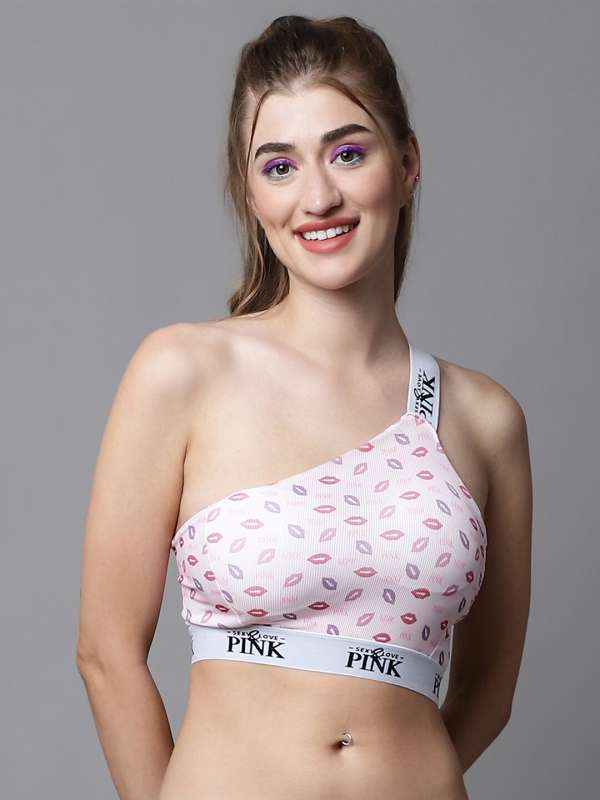 Women Grey & Pink Abstract Printed One Shoulder Sports Bra