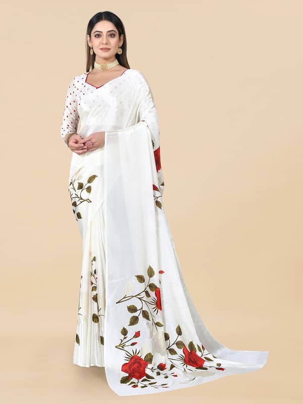 Buy online Silver Zari Lehariya woven Pure soft Georgette saree - Off White -AF1248