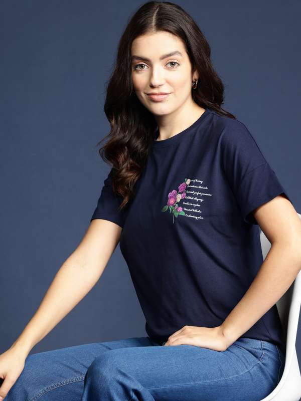 Mast And Women Navy Blue Solid Tshirts - Buy Mast And Women Navy