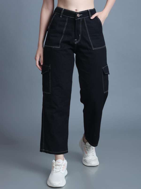 Womens High Waist Cargo Black Jeans 6 Pocket Wide Leg Denim Pants