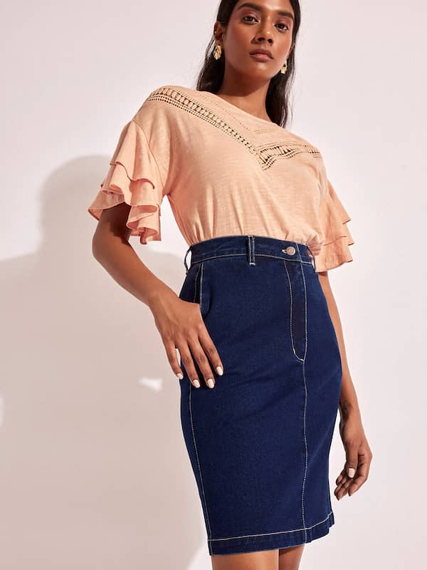 Topshop denim midi skirt with splits in mid blue | ASOS-sgquangbinhtourist.com.vn