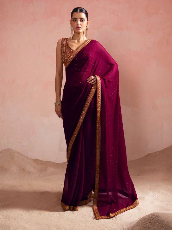 Buy Wine Chiffon Saree With Round And Oval Stone Embellished Motifs Online  at Soch India