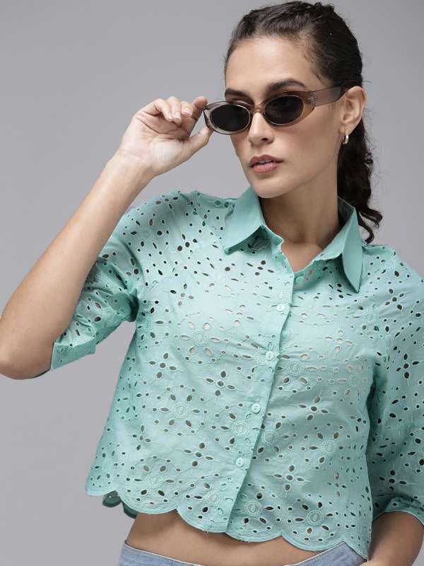 POMEGAL Peach & Teal Embellished Printed Casual Shirt Dresses -L