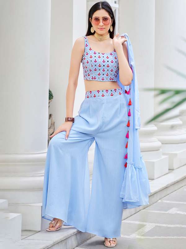 Party Wear Ladies Crop Top Palazzo With Shrug Size 3844