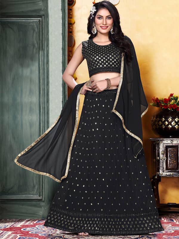 Buy Black Floral Printed Banglori Silk Bridal Lehenga Choli With Dupatta  Online from EthnicPlus for ₹2999