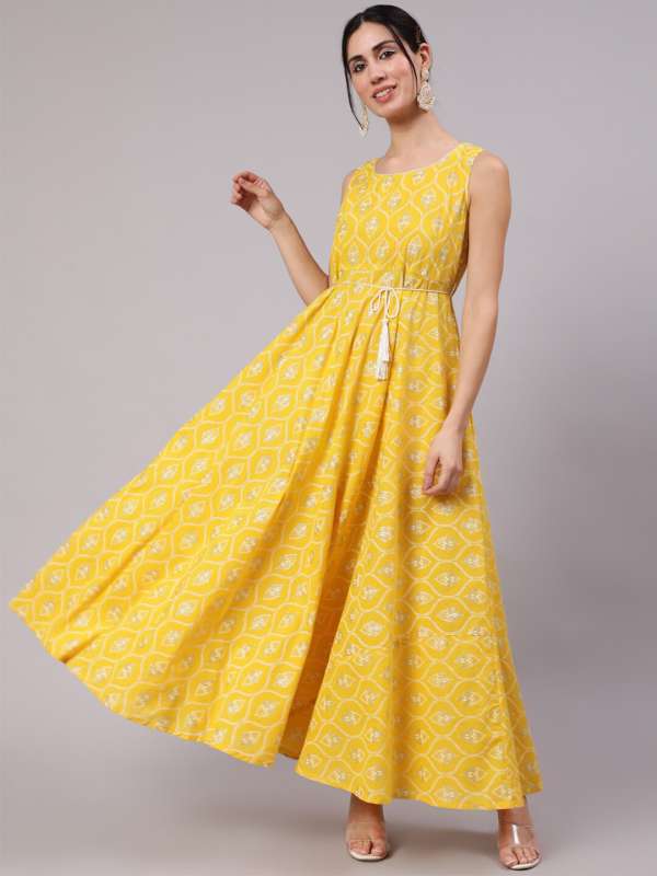 Aks mustard yellow printed maxi dress online