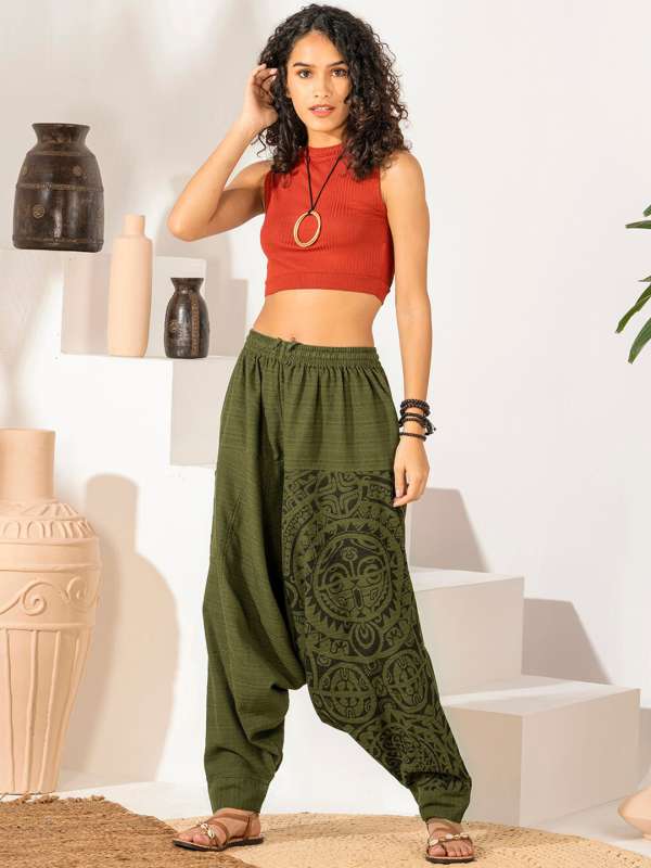 Stone Washed Large Pockets Womens Harem Pants in Olive Green