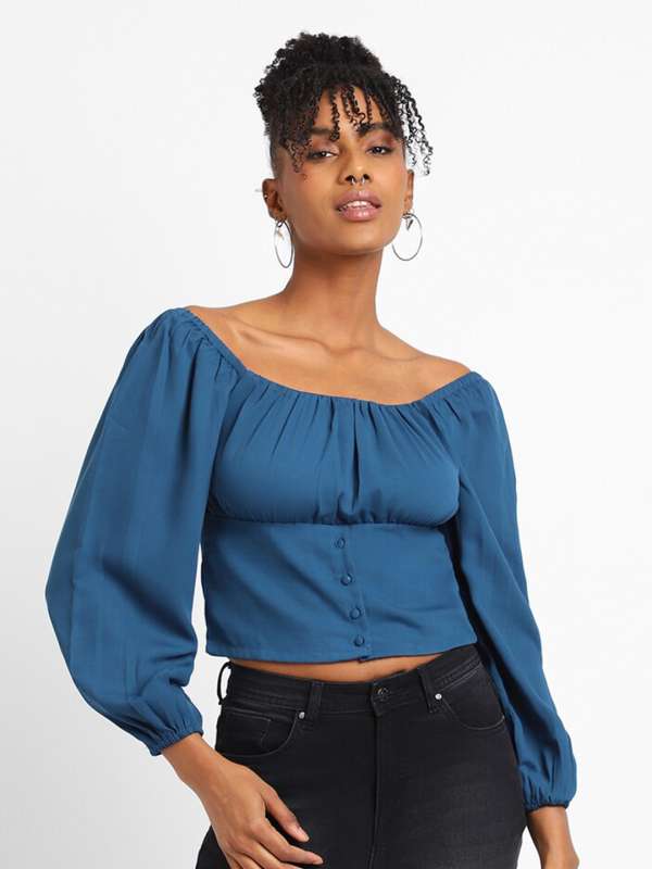 Forever 21 Women Off White Blue Striped Bardot Top Buy Forever 21 Women Off White Blue Striped Bardot Top online in India