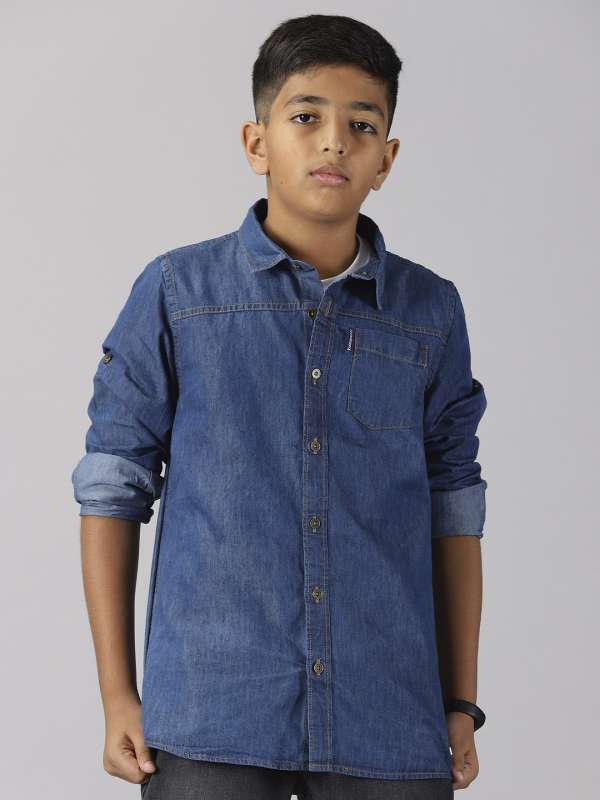 Kiddopanti Full Sleeves Denim Shirt & Basic 5 Pocket Denim Pants Set - Light Blue & Midnight Blue - Cotton - 4 to 6 Years - Blue - Boys - for Kids