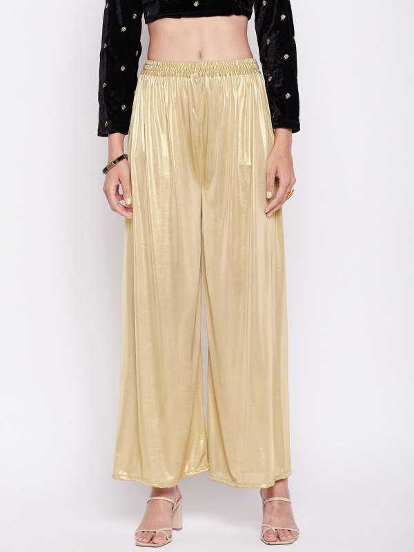 Women Solid Gold Mid Rise Shiny Palazzos