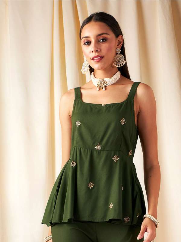 Olive green peplum top shop