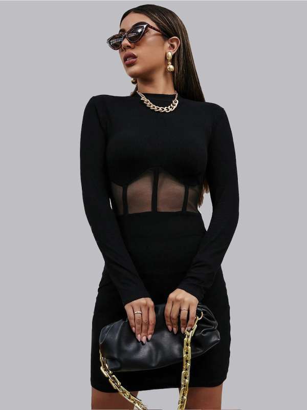 Buy BLACK FULL-SLEEVES HOUNDSTOOTH BODYCON DRESS for Women Online in India
