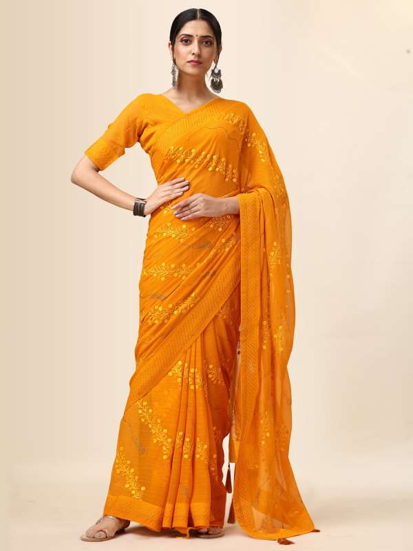 Janhvi Kapoor Solid Embroidered Yellow Chiffon Saree | trendwati