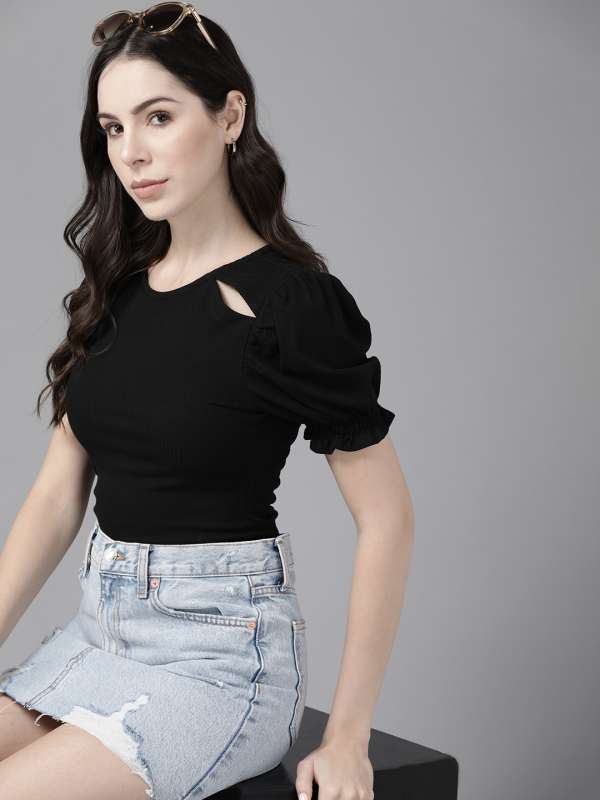 Buy BLACK CUT-OUT DETAIL CROP TOP for Women Online in India