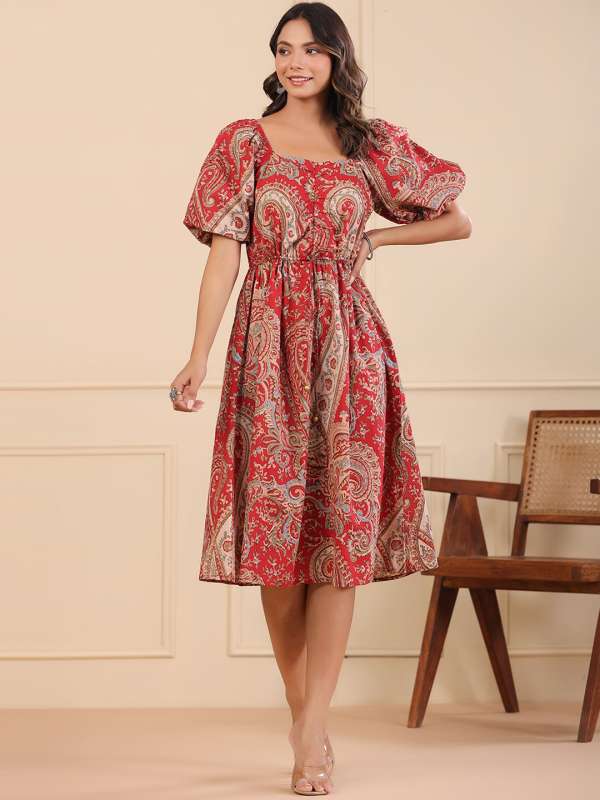 Digital Printed Pure Cotton Midi Dress in Multicolor