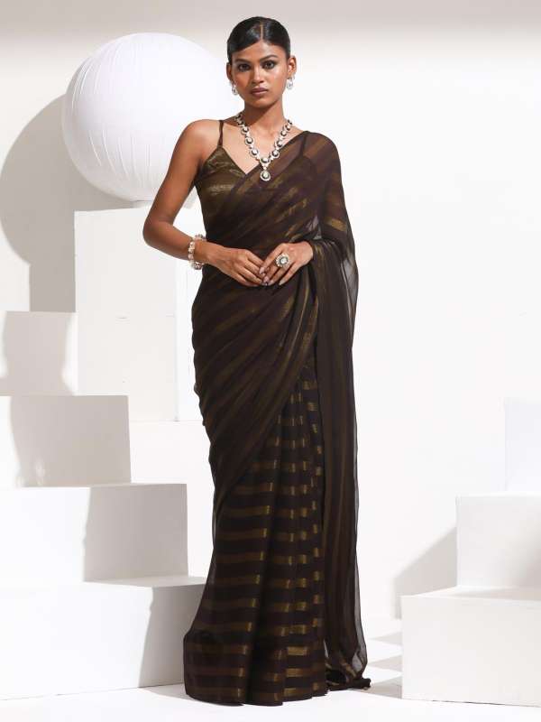 Buy Women's Beautiful Black Colour Soft Chiffon Saree With Blouse